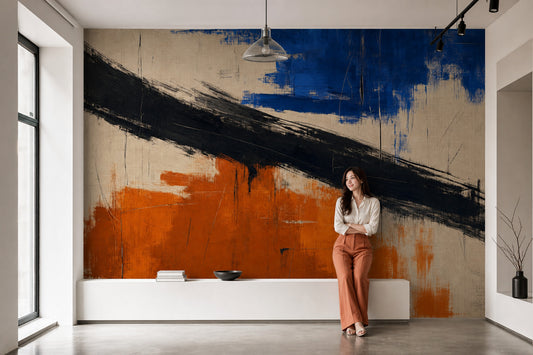 Diagonal Black Brushstroke Wallpaper Blue And Orange Color Block Wall Mural