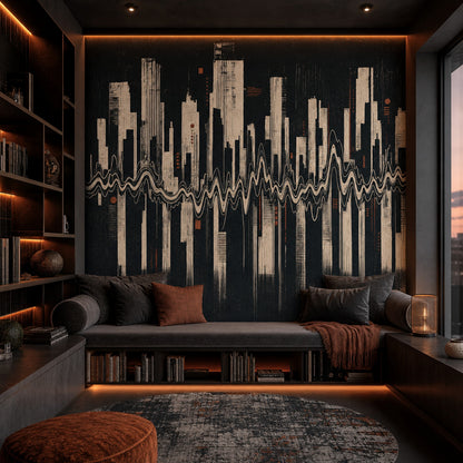 Dark Abstract Cityscape Wallpaper Modern Skyline Removable Geometric Skyscrapers Wall Decor