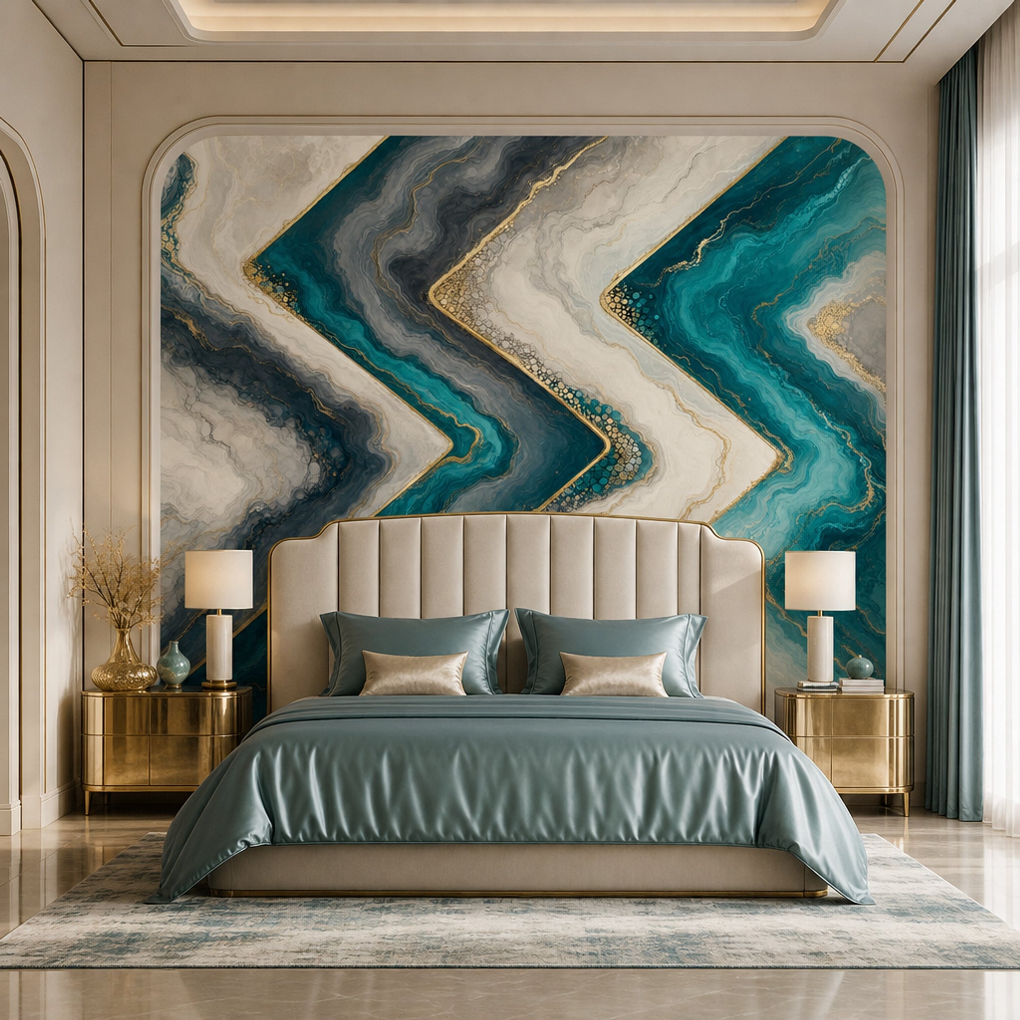Geometric Zigzag Wallpaper Marble Effect Luxury Glam Removable Wall Decor