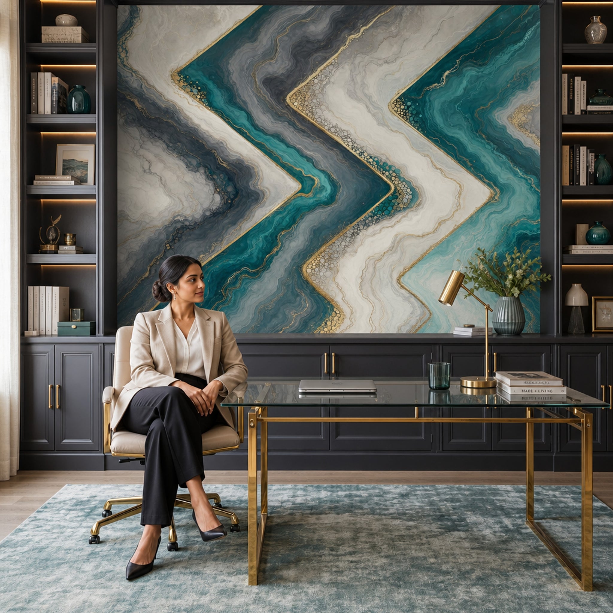 Geometric Zigzag Wallpaper Marble Effect Luxury Glam Removable Wall Decor