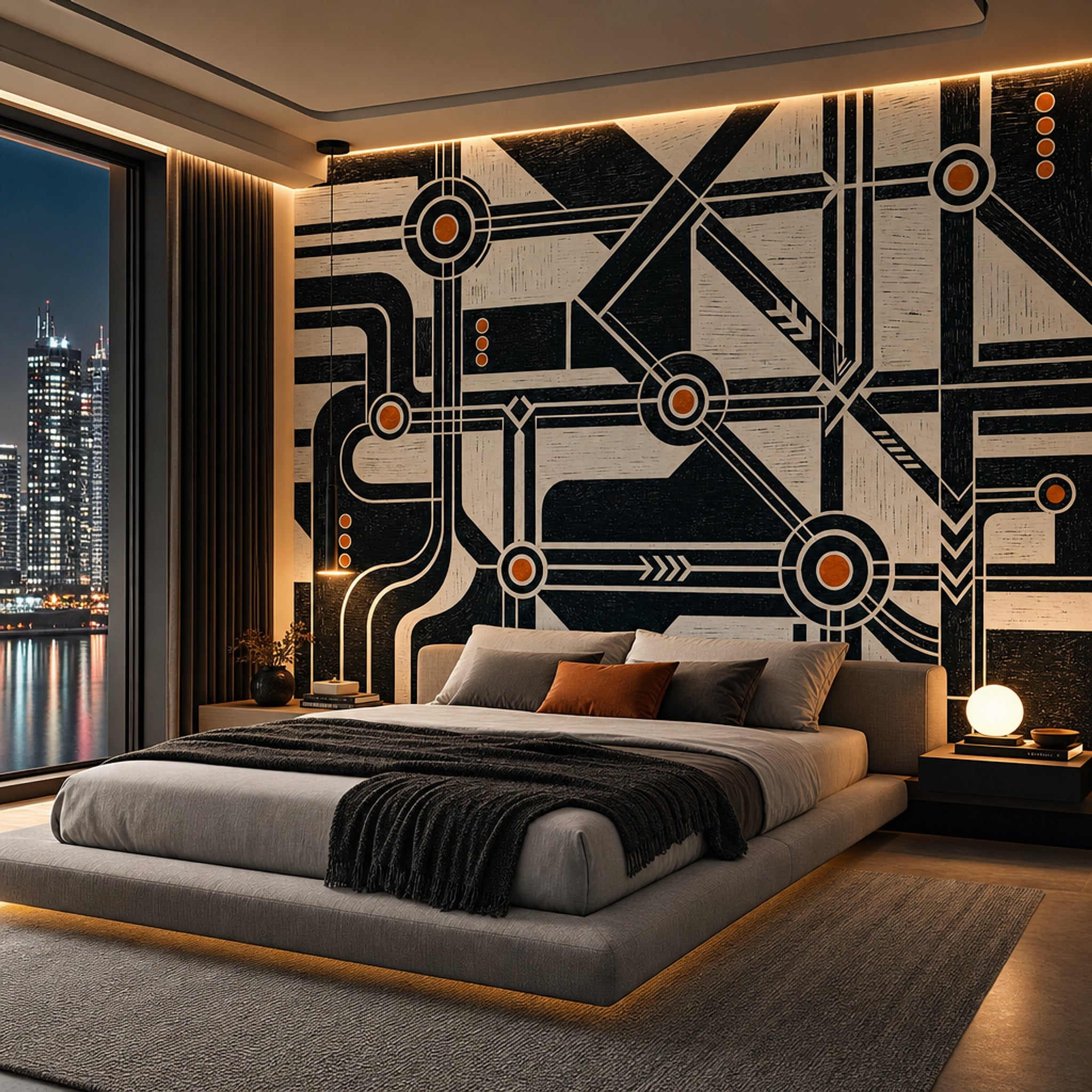Abstract Geometric Wallpaper Black And Cream Industrial Schematic Wall Mural