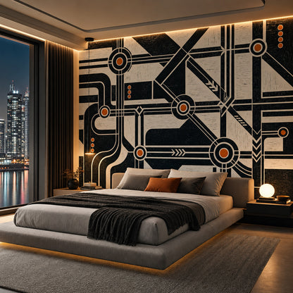 Abstract Geometric Wallpaper Black And Cream Industrial Schematic Wall Mural