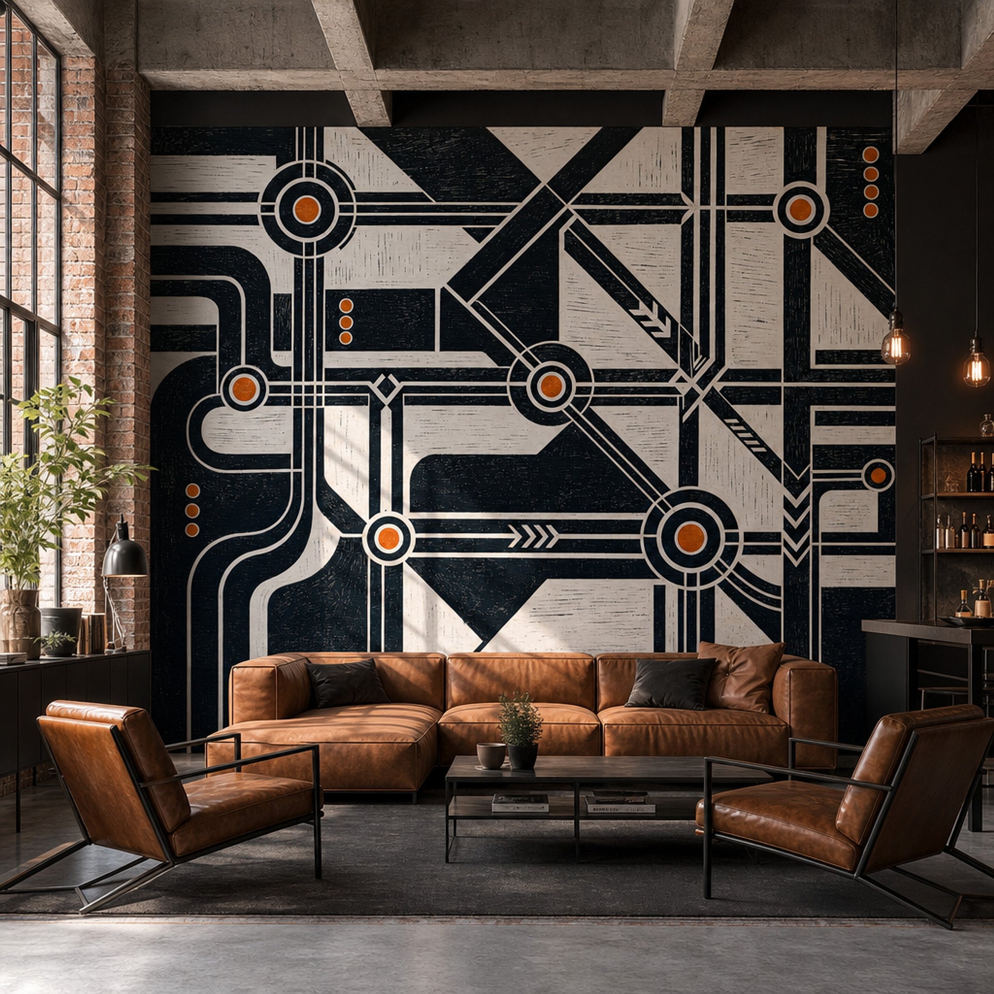 Abstract Geometric Wallpaper Black And Cream Industrial Schematic Wall Mural