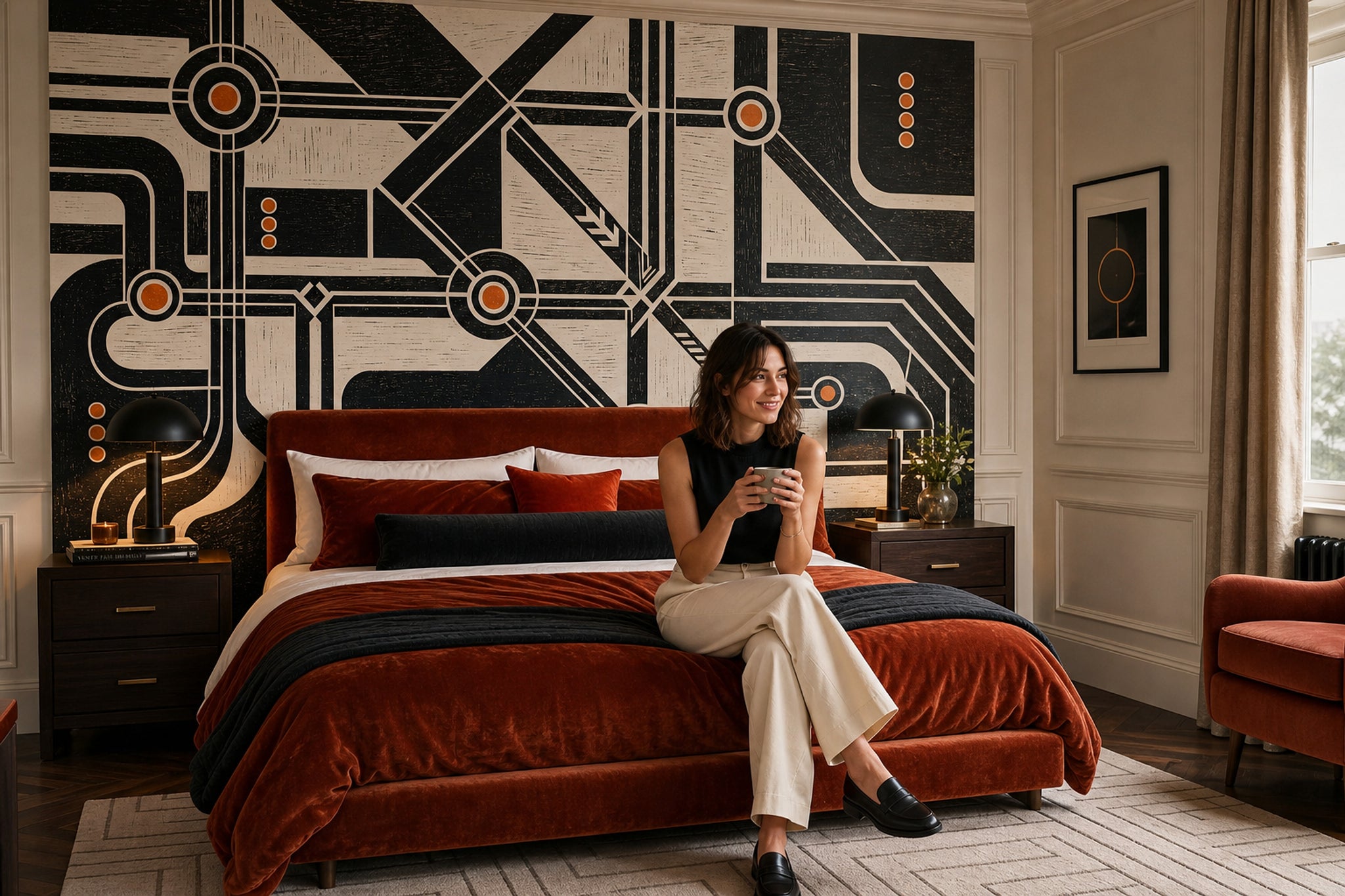 Abstract Geometric Wallpaper Black And Cream Industrial Schematic Wall Mural