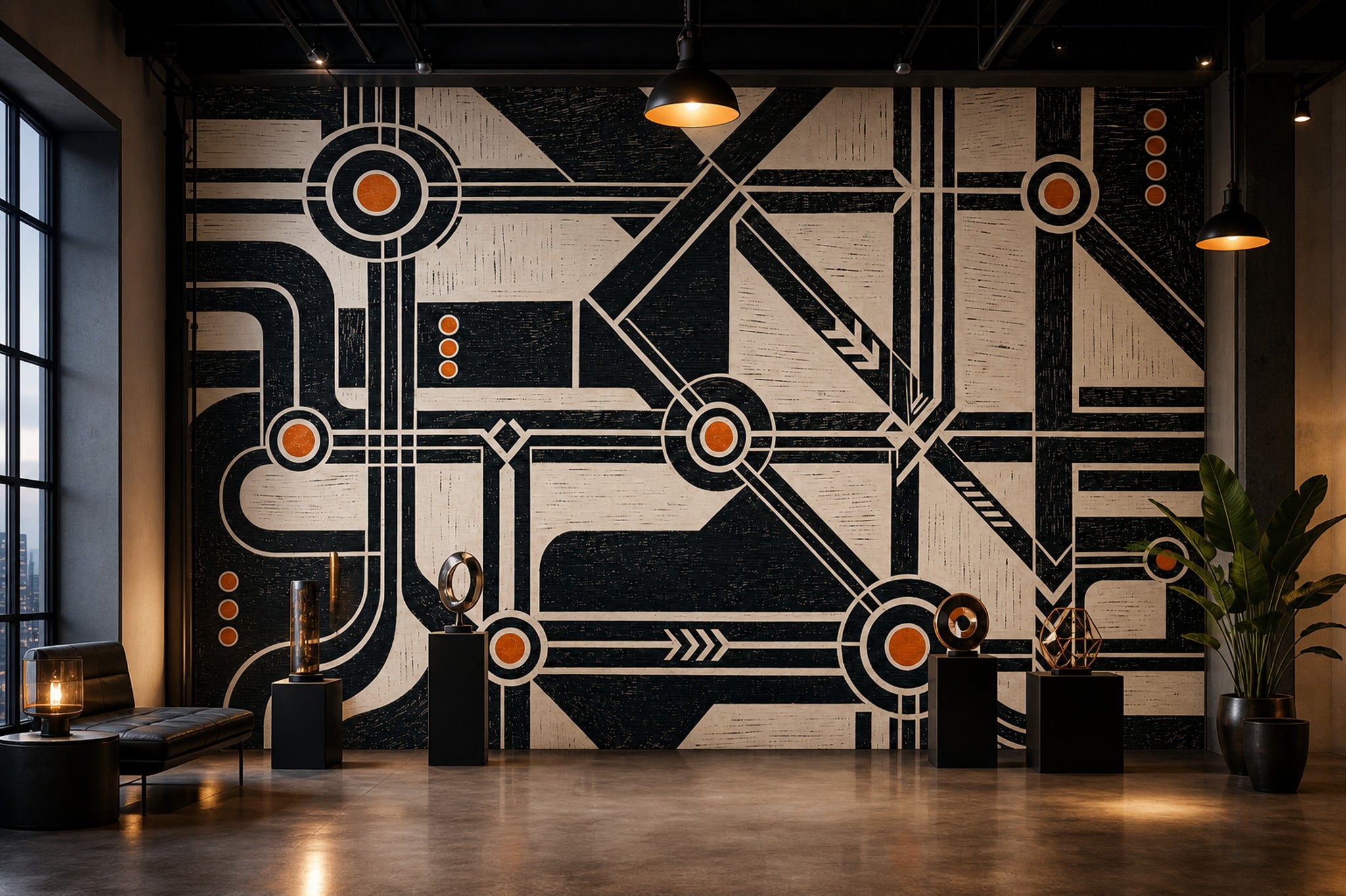 Abstract Geometric Wallpaper Black And Cream Industrial Schematic Wall Mural