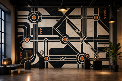 Abstract Geometric Wallpaper Black And Cream Industrial Schematic Wall Mural