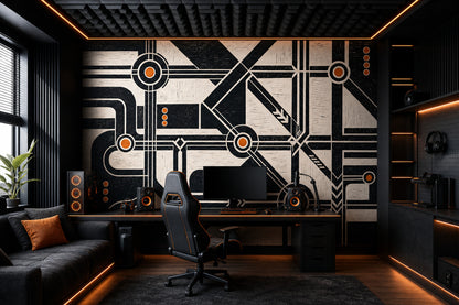 Abstract Geometric Wallpaper Black And Cream Industrial Schematic Wall Mural