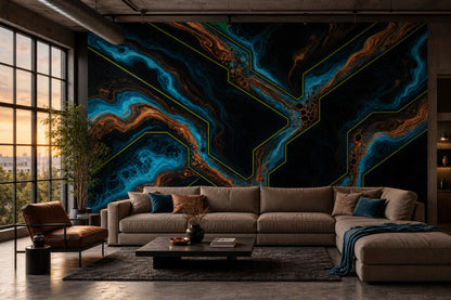 Marbled Wallpaper Teal Blue Neon Outline Removable Wall Decor