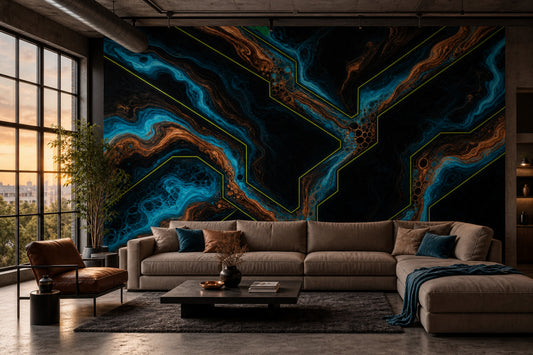 Marbled Wallpaper Teal Blue Neon Outline Removable Wall Decor
