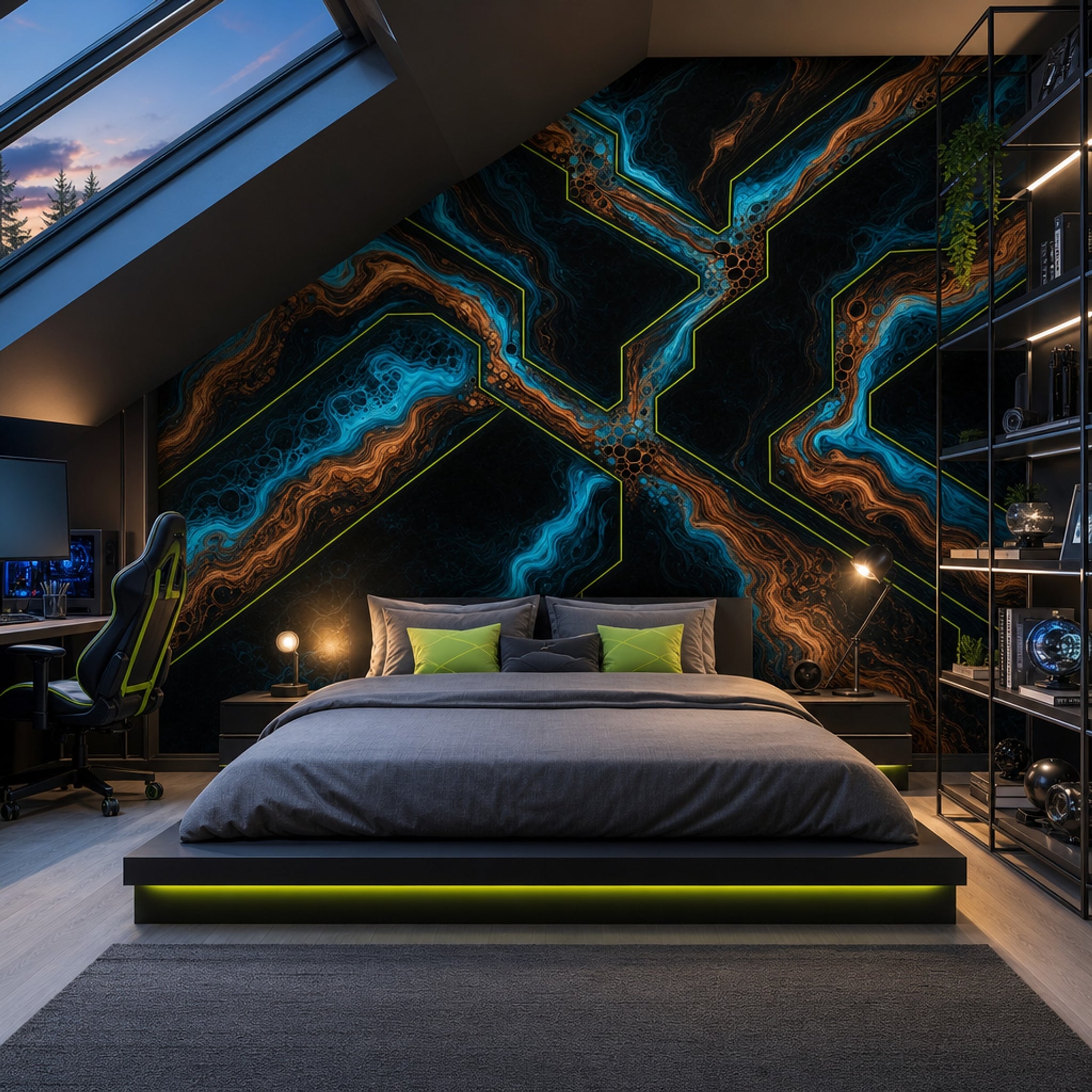 Marbled Wallpaper Teal Blue Neon Outline Removable Wall Decor