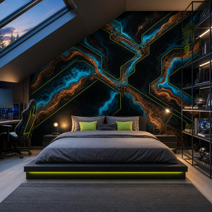 Marbled Wallpaper Teal Blue Neon Outline Removable Wall Decor