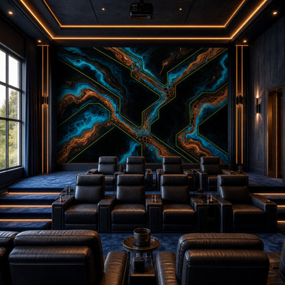 Marbled Wallpaper Teal Blue Neon Outline Removable Wall Decor