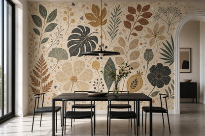 Muted Green Wallpaper Botanical Terrazzo Removable Wall Decor
