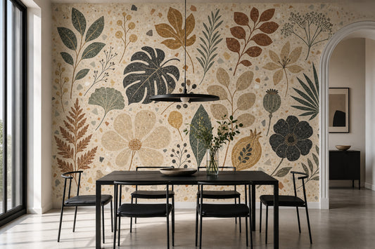 Muted Green Wallpaper Botanical Terrazzo Removable Wall Decor