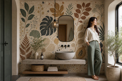 Muted Green Wallpaper Botanical Terrazzo Removable Wall Decor