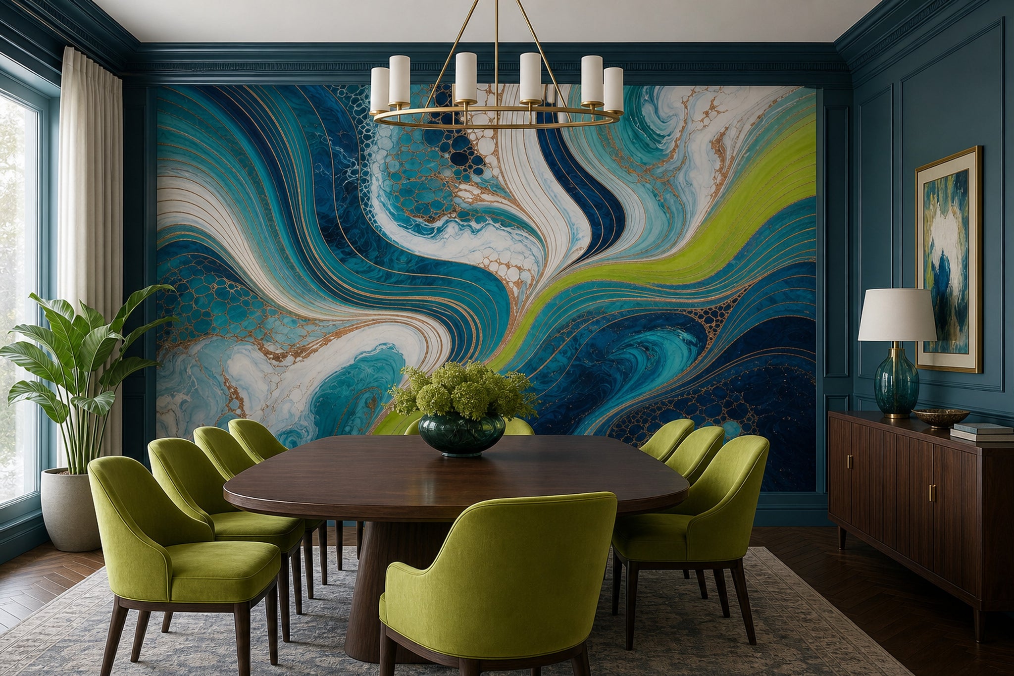Abstract Marble Wallpaper Fluid Waves Teal And Navy Removable Wall Decor