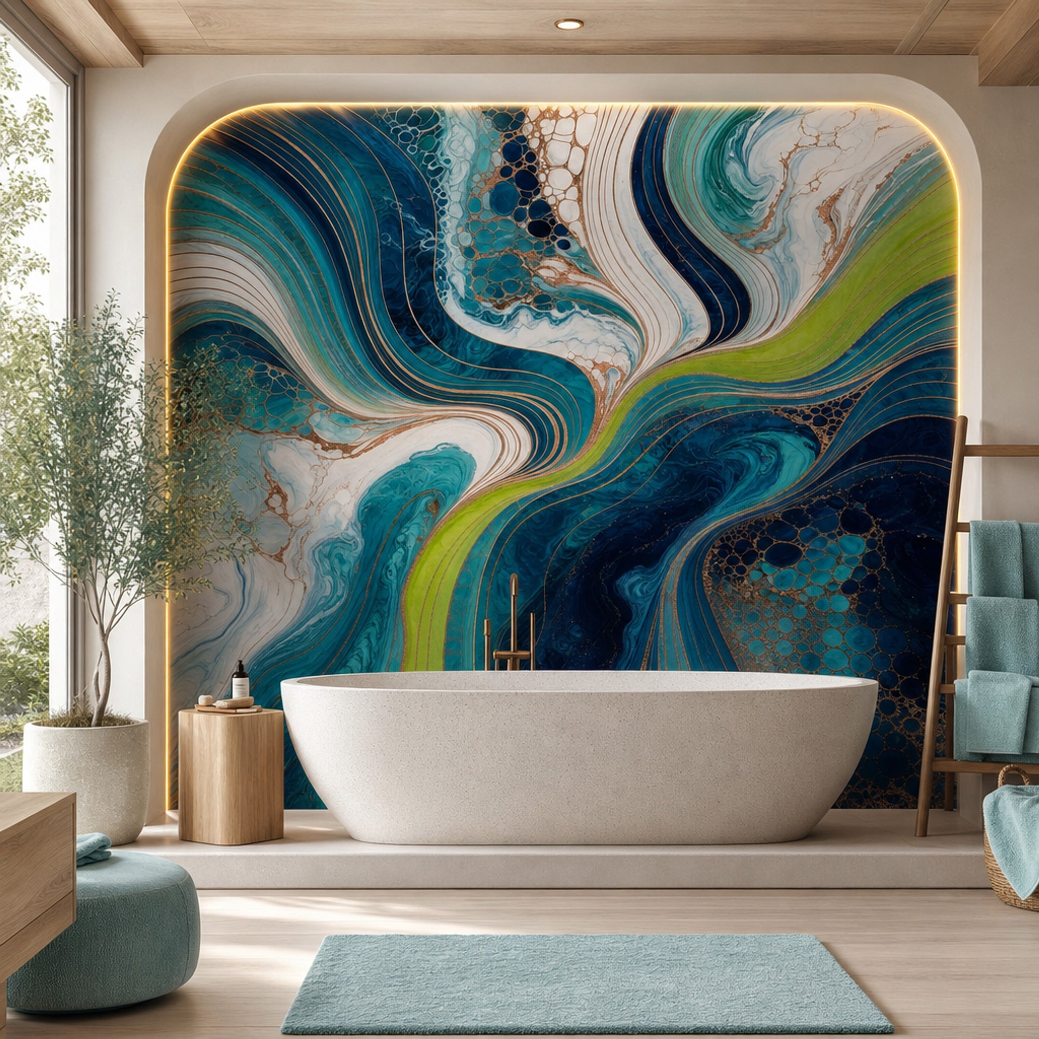 Abstract Marble Wallpaper Fluid Waves Teal And Navy Removable Wall Decor