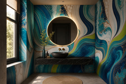 Abstract Marble Wallpaper Fluid Waves Teal And Navy Removable Wall Decor