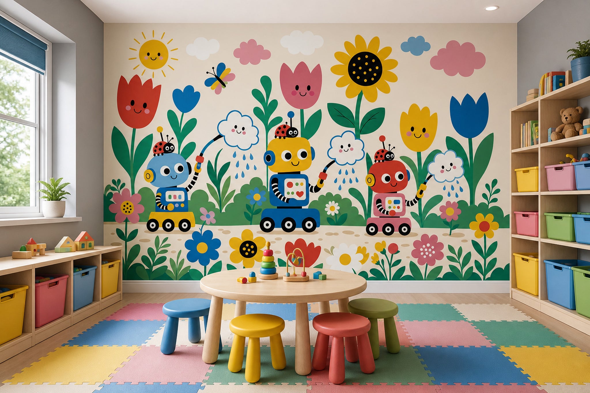 Kids Wallpaper Playful Garden Cute Robots Removable Wall Decor