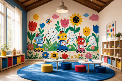 Kids Wallpaper Playful Garden Cute Robots Removable Wall Decor