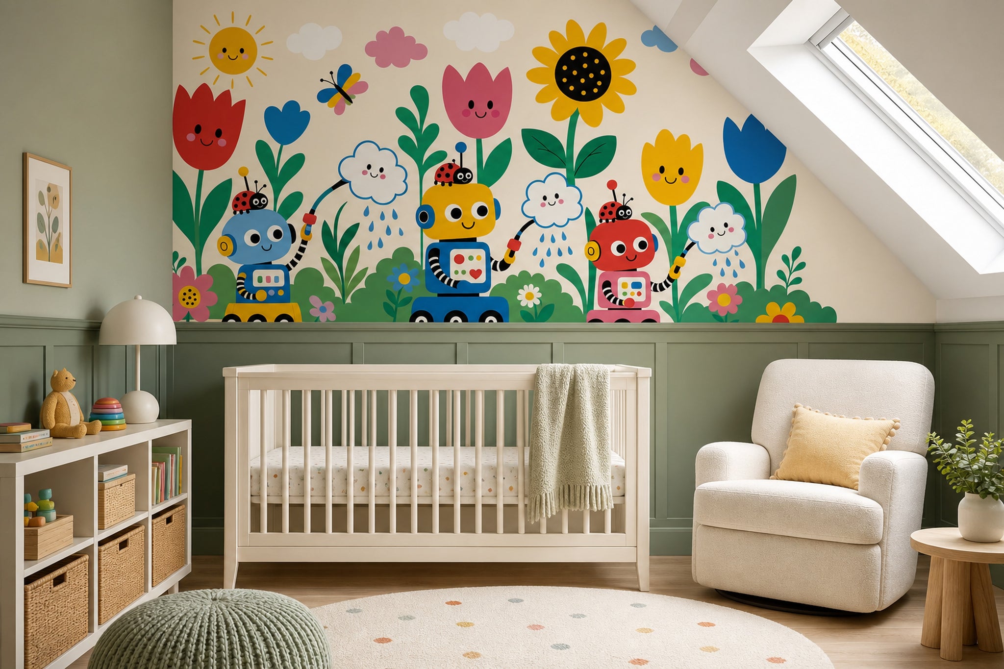 Kids Wallpaper Playful Garden Cute Robots Removable Wall Decor