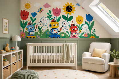 Kids Wallpaper Playful Garden Cute Robots Removable Wall Decor