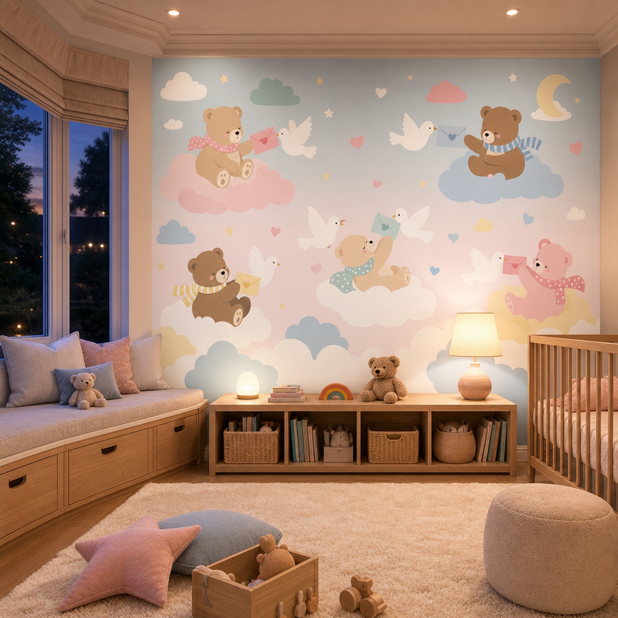 Nursery Wallpaper Cute Teddy Bears Removable Pastel Sky Wall Decor