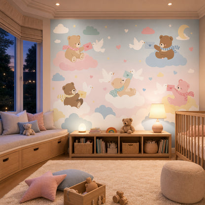 Nursery Wallpaper Cute Teddy Bears Removable Pastel Sky Wall Decor