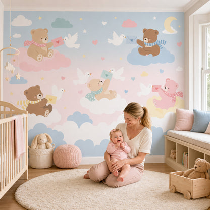 Nursery Wallpaper Cute Teddy Bears Removable Pastel Sky Wall Decor