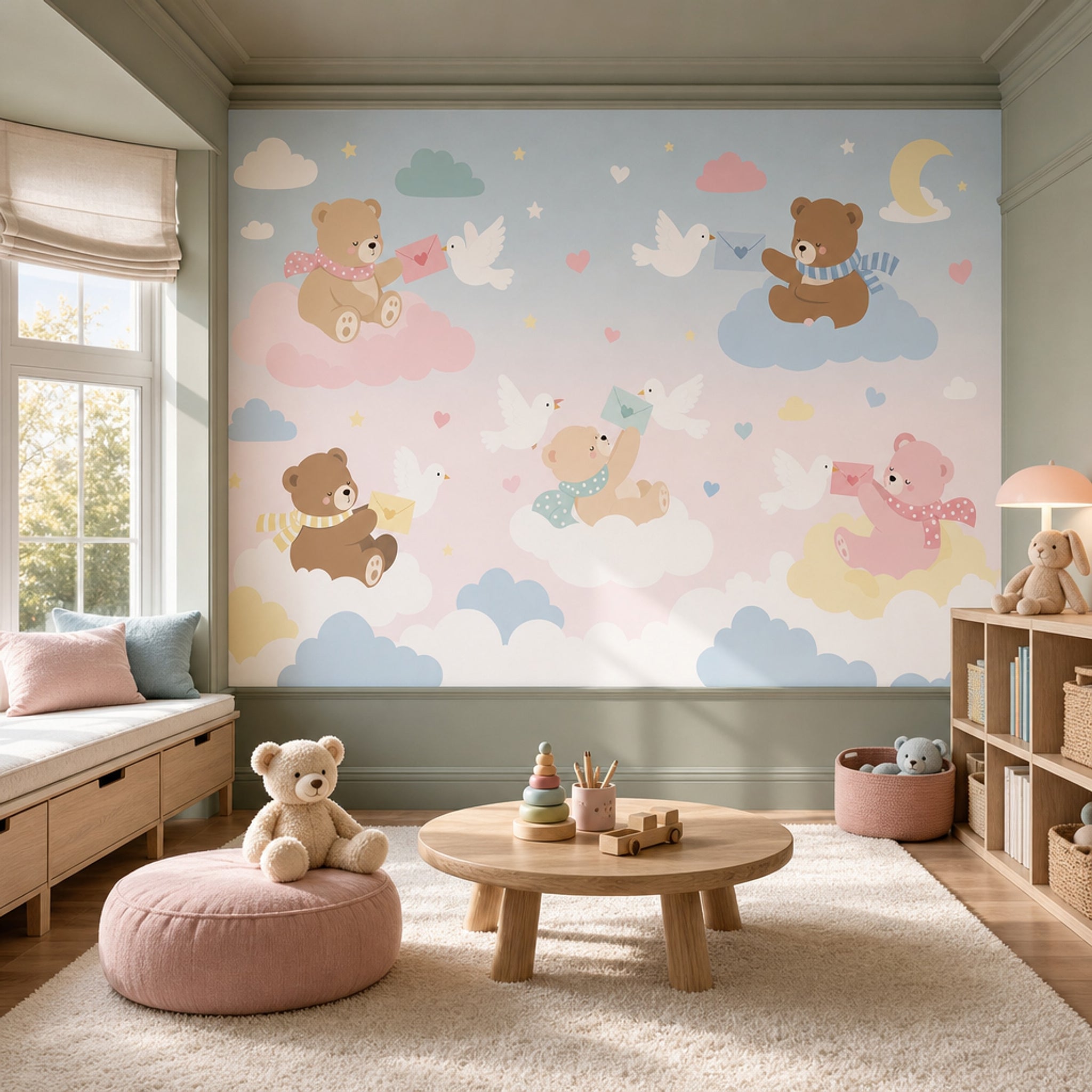 Nursery Wallpaper Cute Teddy Bears Removable Pastel Sky Wall Decor