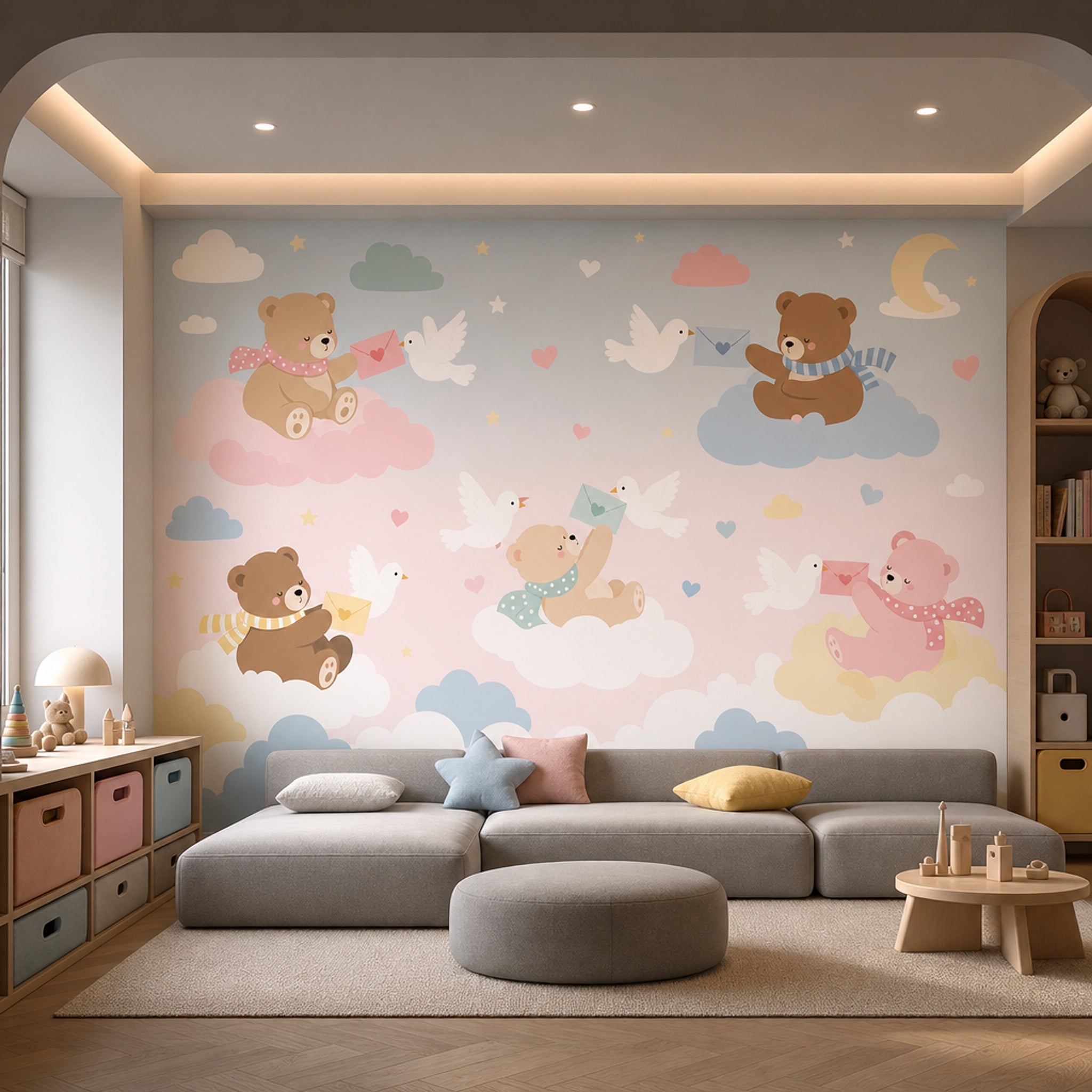 Nursery Wallpaper Cute Teddy Bears Removable Pastel Sky Wall Decor