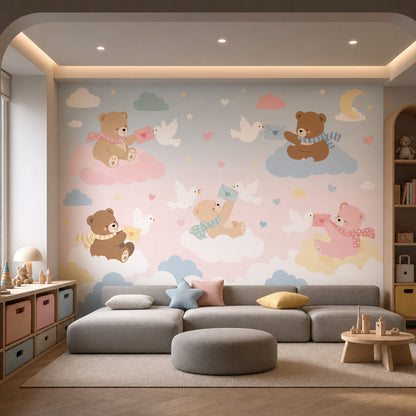 Nursery Wallpaper Cute Teddy Bears Removable Pastel Sky Wall Decor