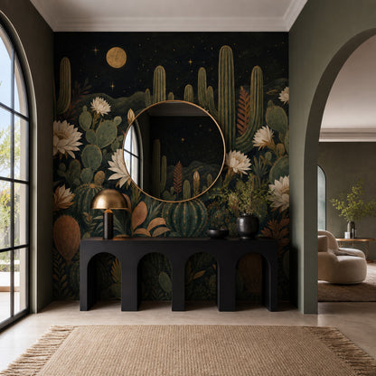 Starry Night Wallpaper Desert Moon Cactus Removable Wall Decor