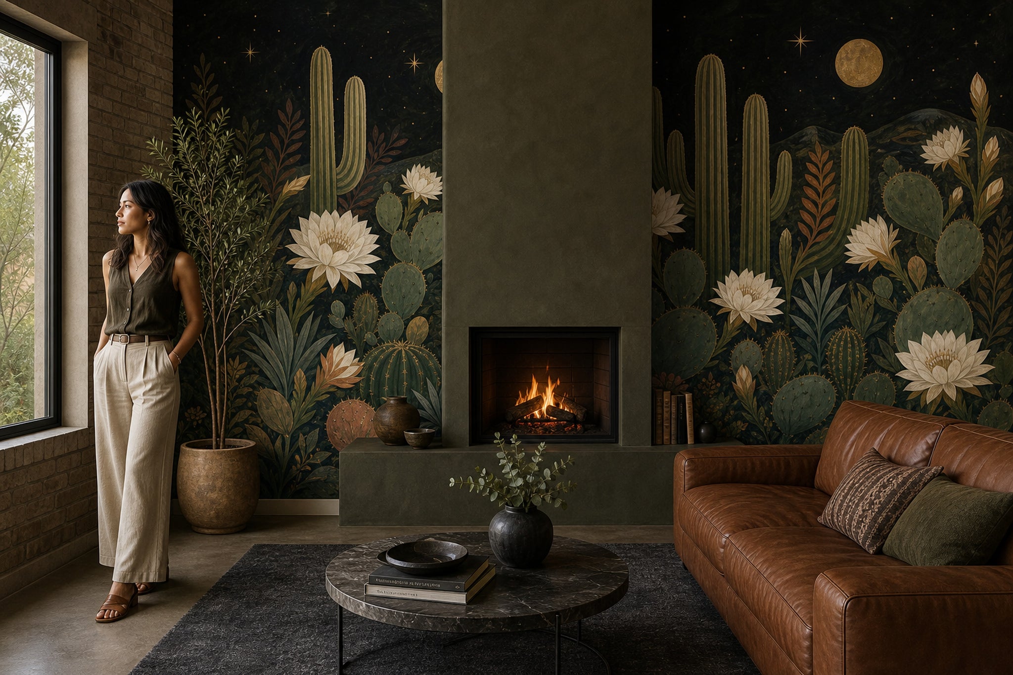 Starry Night Wallpaper Desert Moon Cactus Removable Wall Decor
