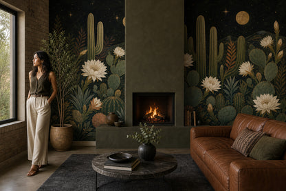 Starry Night Wallpaper Desert Moon Cactus Removable Wall Decor