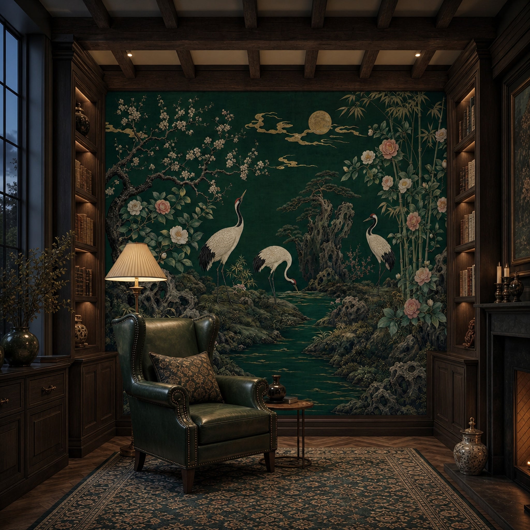 Landscape Mural Wallpaper Cranes Asian Garden Wall Mural