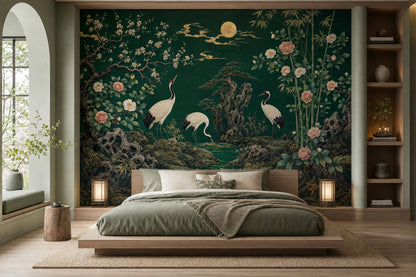 Landscape Mural Wallpaper Cranes Asian Garden Wall Mural