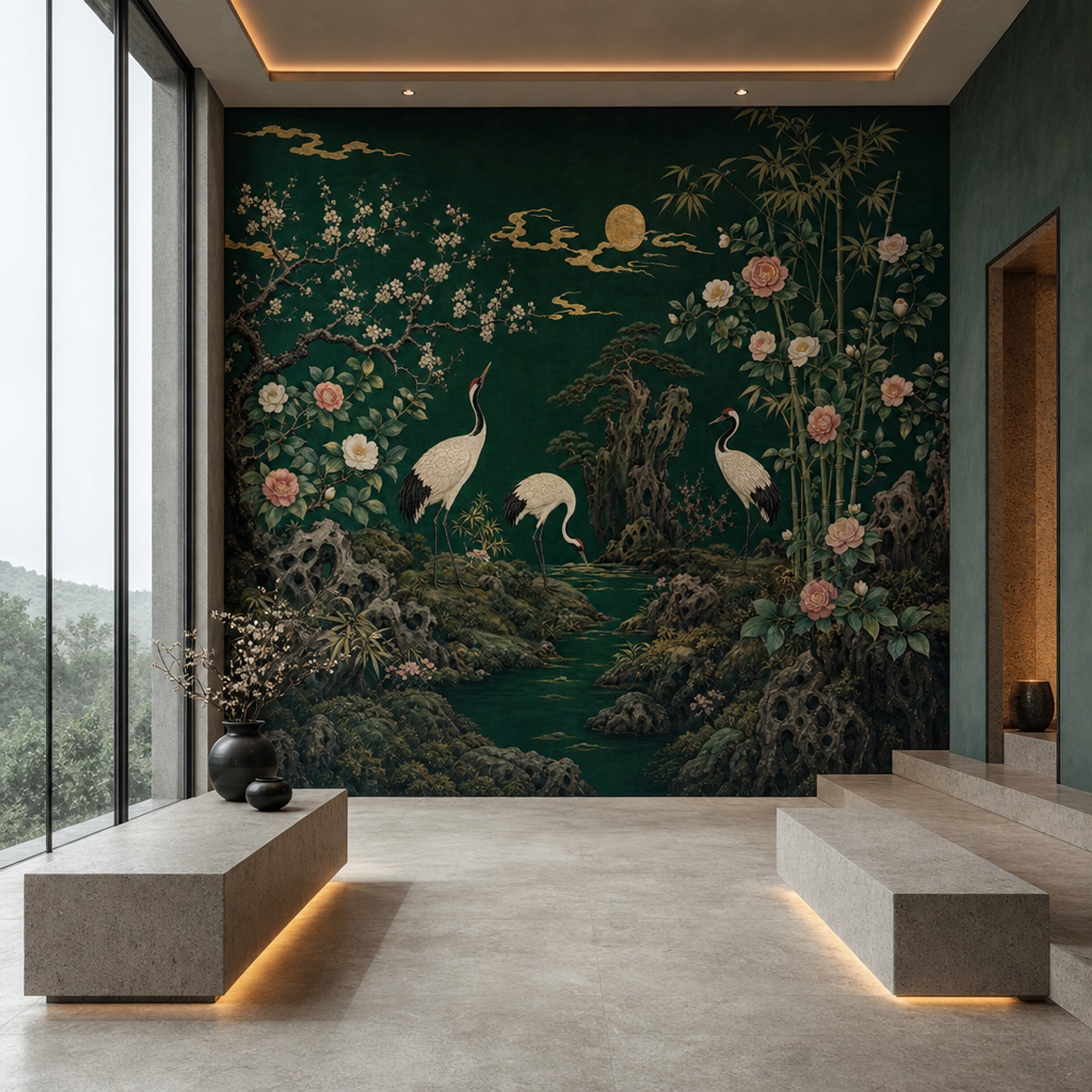 Landscape Mural Wallpaper Cranes Asian Garden Wall Mural