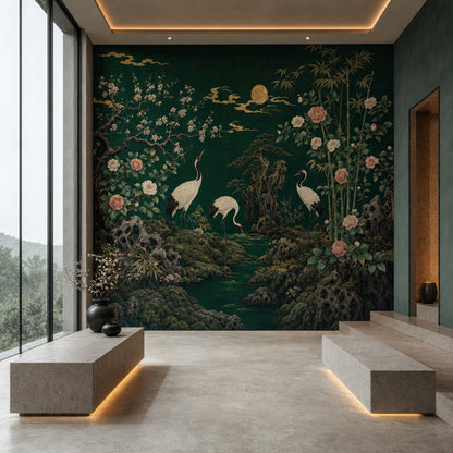 Landscape Mural Wallpaper Cranes Asian Garden Wall Mural