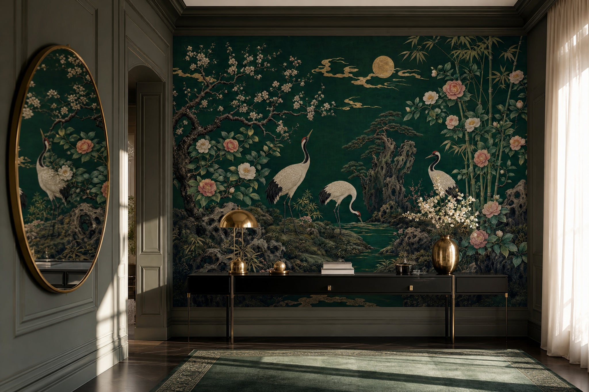 Landscape Mural Wallpaper Cranes Asian Garden Wall Mural