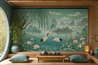 Asian Landscape Wallpaper Teal Cranes Wall Mural