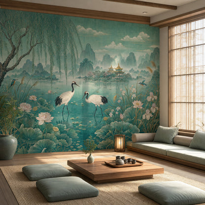 Asian Landscape Wallpaper Teal Cranes Wall Mural