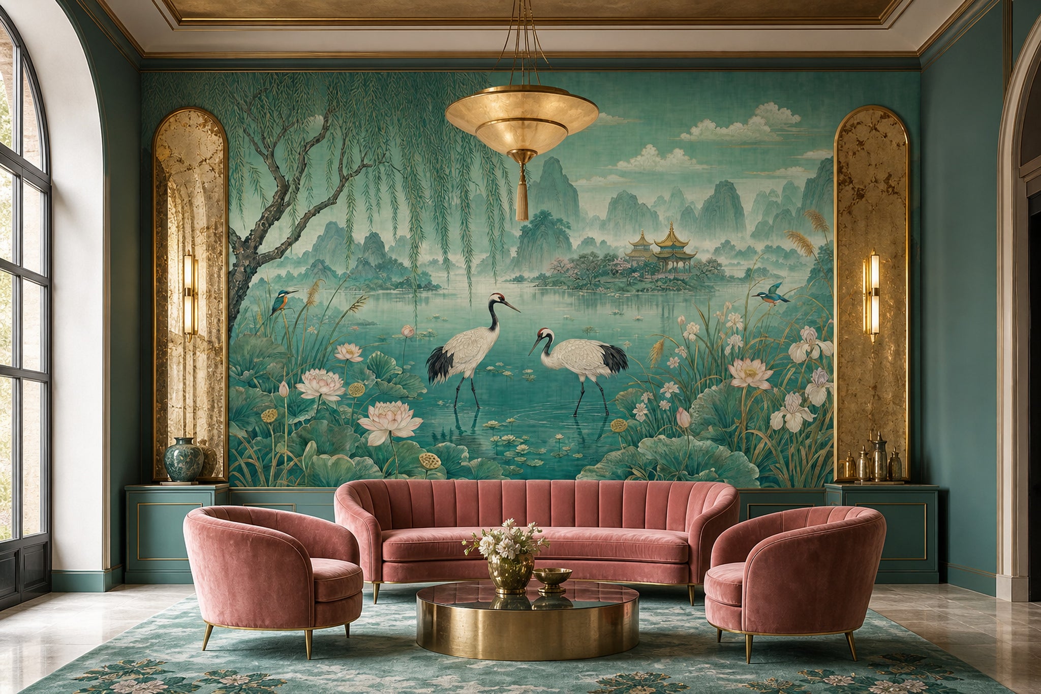 Asian Landscape Wallpaper Teal Cranes Wall Mural
