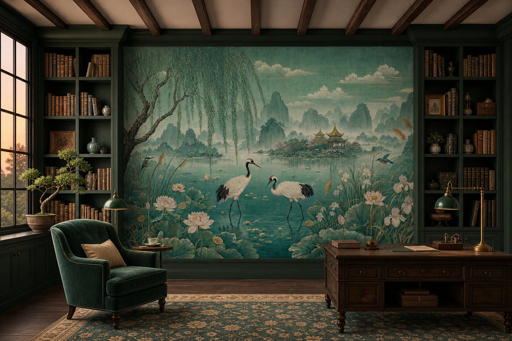 Asian Landscape Wallpaper Teal Cranes Wall Mural