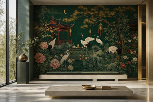 Pavilion Pagoda Wallpaper Dark Emerald Green Background Vintage Mural Removable Wall Decor