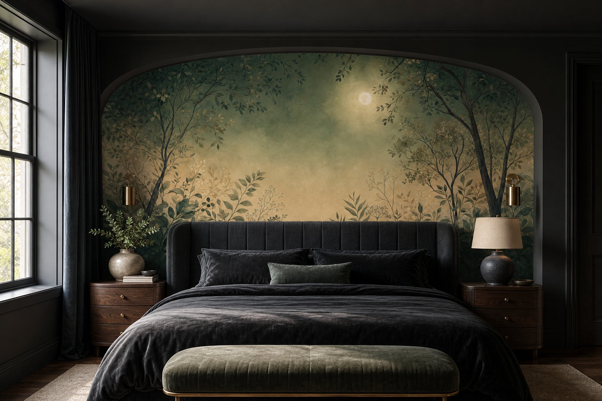 Muted Green Wallpaper Watercolor Moon Wall Mural