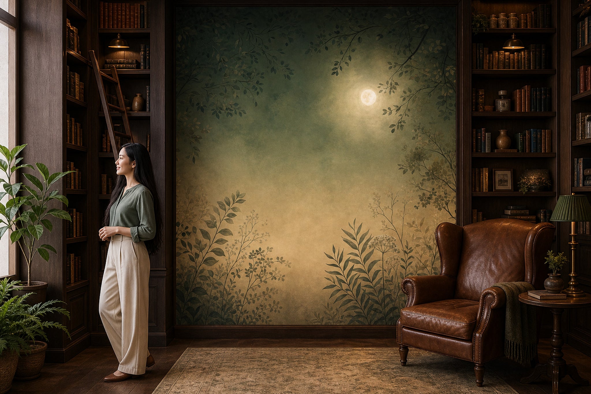 Muted Green Wallpaper Watercolor Moon Wall Mural