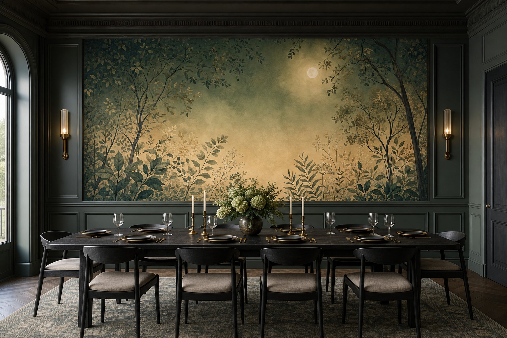 Muted Green Wallpaper Watercolor Moon Wall Mural