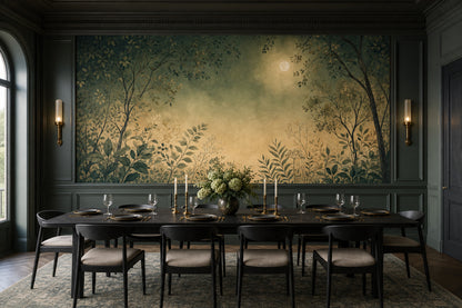 Muted Green Wallpaper Watercolor Moon Wall Mural