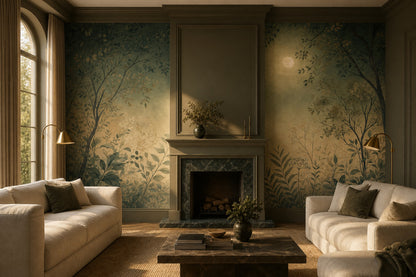 Muted Green Wallpaper Watercolor Moon Wall Mural
